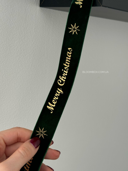 Стрічка оксамитова 2,5 см "Merry Christmas" зелена
