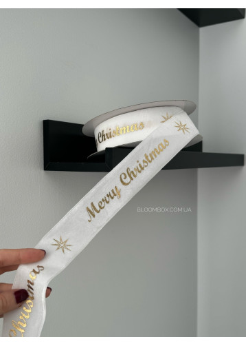 Стрічка оксамитова 4 см "Merry Christmas" біла