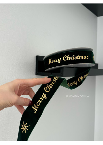 Стрічка оксамитова 4 см "Merry Christmas" зелена