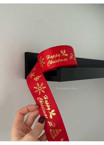 Стрічка репсова 4см "Happy Christmas" з візерунком  червона