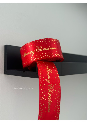 Стрічка атласна 4см "Merry Christmas" з зірочками червона