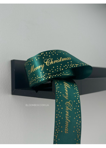 Стрічка атласна 4см "Merry Christmas" з зірочками зелена