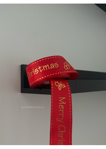 Стрічка репсова 4см "Merry Christmas" з ягідкою червона