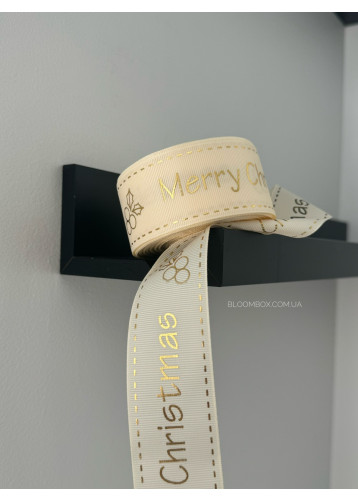 Стрічка репсова 4см "Merry Christmas" з ягідкою кремова
