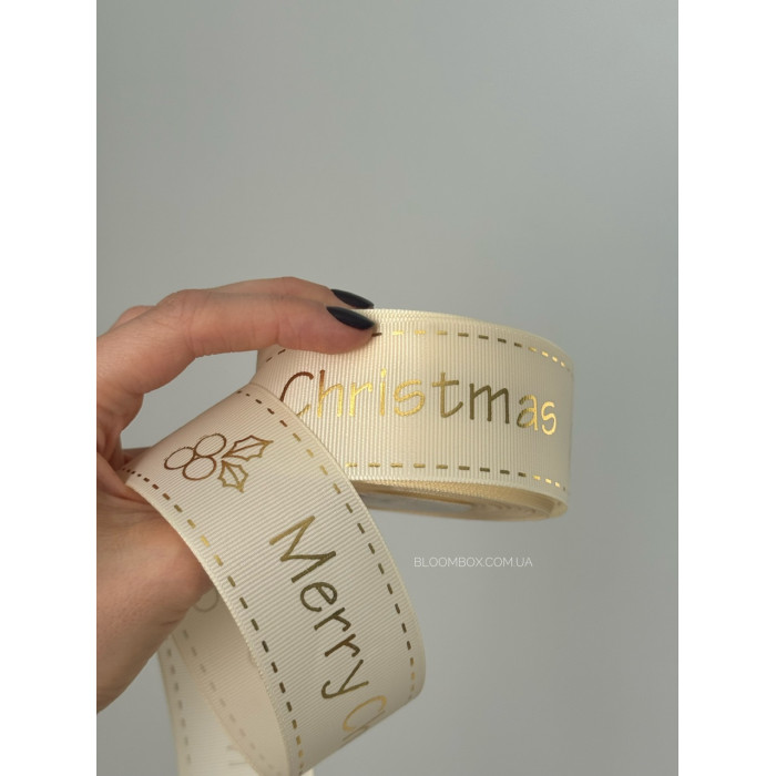 Стрічка репсова 4см "Merry Christmas" з ягідкою кремова