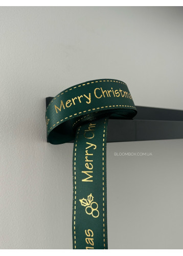 Стрічка репсова 4см "Merry Christmas" з ягідкою зелена