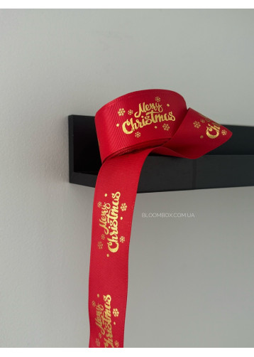 Стрічка репсова 4см "Merry Christmas" з снігом червона