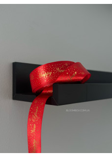 Стрічка атласна 2,5см "Happy New Year" з салютом червона
