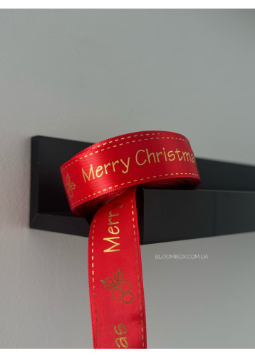 Стрічка атласна 2,5см "Merry Christmas" з ягідкою червона