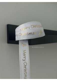 Стрічка репсова 2,5см "Merry Christmas" з ягідкою біла