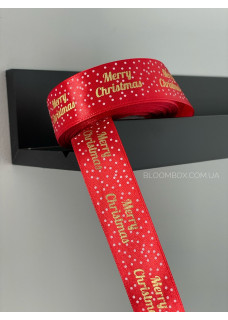 Стрічка атласна 2.5см “merry christmas with snow” червона
