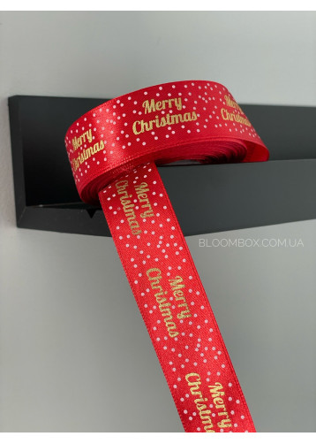 Стрічка атласна 2.5см “merry christmas with snow” червона