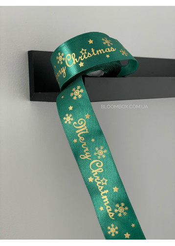 Лента  атласная 4см «merry christmas» зеленая