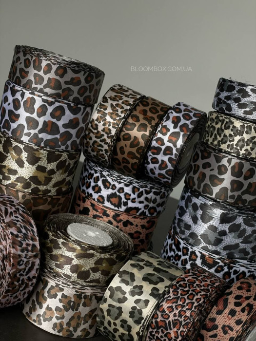 Стрічка атласна “animal print” 4см лео#1 коричнева