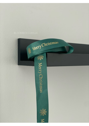 Стрічка репсова 2.5см “merry christmas зі сніжинкою” зелена